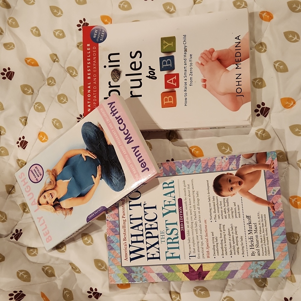 Baby books what to expect, belly laughs, brain rules for baby